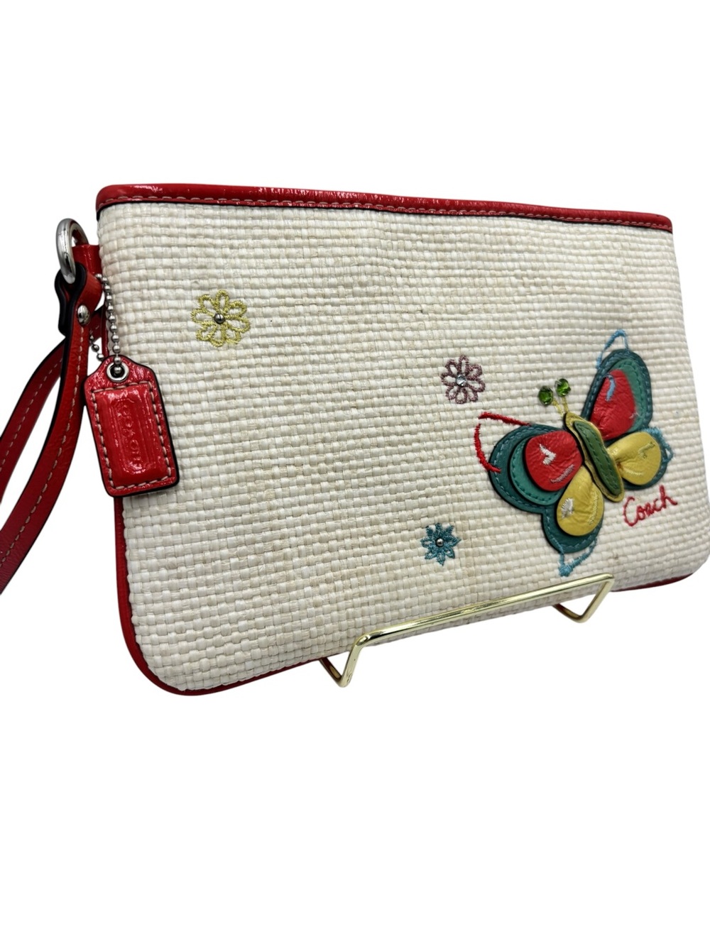 Coach Butterfly Straw Wristlet Pouch Appliqué Floral Embroidered Zip Clutch - Picture 4 of 10